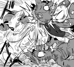 Size: 1023x930 | Tagged: safe, artist:nekubi, rarity, changeling, pony, unicorn, fight, grayscale, monochrome