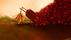 Size: 1800x1013 | Tagged: safe, artist:nettrip, applejack, earth pony, pony, apple, cart, pile, size difference, surreal, suspended, working