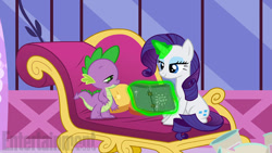 Size: 1200x675 | Tagged: safe, screencap, rarity, spike, dragon, pony, unicorn, inspiration manifestation, book, duo, fainting couch, female, inspiration manifestation book, magic, magic aura, male, mare, mid-blink screencap, telekinesis