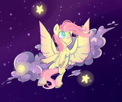 Size: 1420x1182 | Tagged: safe, artist:foxda, fluttershy, pegasus, pony, cloud, colored pupils, flying, glow, night, night sky, sky, smiling, solo, starry eyes, stars, unshorn fetlocks, wingding eyes