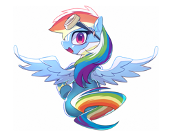 Size: 1024x788 | Tagged: safe, artist:9seconds, derpibooru import, rainbow dash, pegasus, pony, clothes, female, goggles, looking at you, looking back, mare, multicolored hair, rear view, simple background, smiling, solo, uniform, white background, wonderbolts uniform