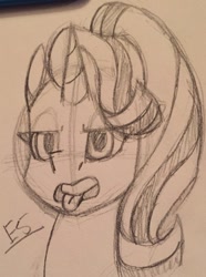 Size: 952x1280 | Tagged: safe, artist:ashartsathing, starlight glimmer, pony, unicorn, annoyed, bust, female, mare, open mouth, portrait, sketch, solo, tongue out, traditional art
