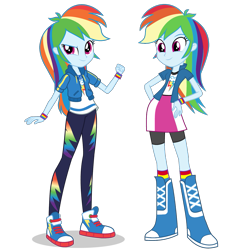 Size: 1475x1475 | Tagged: safe, artist:mewtwo-ex, derpibooru import, rainbow dash, better together, equestria girls, boots, clothes, comparison, compression shorts, converse, cute, dashabetes, equestria girls prototype, female, geode of super speed, hand on hip, leggings, magical geodes, pants, shoes, shorts, simple background, skirt, smiling, sneakers, socks, transparent background, vector, wristband
