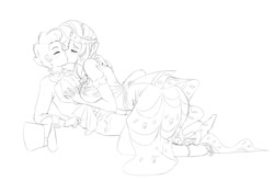 Size: 1699x1122 | Tagged: safe, artist:mew, rarity, spike, human, bowtie, clothes, dress, female, gala dress, humanized, kissing, lineart, male, monochrome, on top, shipping, sparity, straight