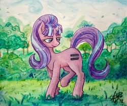 Size: 2816x2349 | Tagged: safe, artist:acquanima, starlight glimmer, pony, unicorn, equal cutie mark, forest, looking down, smiling, solo, traditional art, watercolor painting