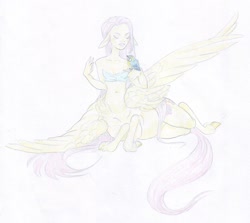 Size: 1024x914 | Tagged: safe, artist:bellalullaby, fluttershy, bird, centaur, bandeau, belly button, centaurshy, eyes closed, female, floppy ears, solo, traditional art