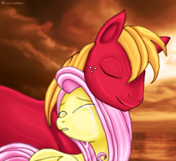 Size: 844x775 | Tagged: safe, artist:lova-gardelius, big macintosh, fluttershy, earth pony, pegasus, pony, crying, fluttermac, male, shipping, stallion, straight