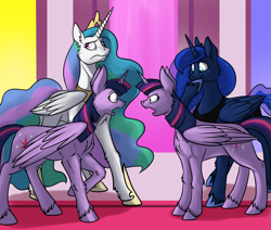 Size: 900x762 | Tagged: safe, artist:foxenawolf, princess celestia, princess luna, twilight sparkle, twilight sparkle (alicorn), oc, oc:free agent, alicorn, changeling, pony, fanfic:a different perspective, argument, canterlot castle, doppleganger, fanfic art, female, giggling, mare, unamused, unshorn fetlocks, yelling