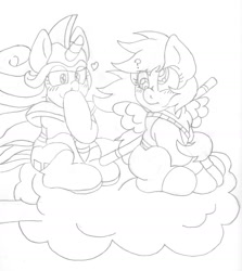 Size: 1544x1732 | Tagged: safe, artist:blackbewhite2k7, derpy hooves, rarity, pony, unicorn, anime, chi-chi, crossover, derpity, dragon ball, female, filly, goku, lesbian, monochrome, nimbus cloud, shipping, sketch, wip, younger