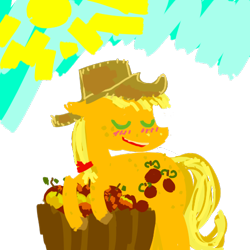 Size: 500x500 | Tagged: safe, artist:celestiawept, applejack, earth pony, pony, apple, apple barrel, eyes closed, food, head turn, simple, solo, sun