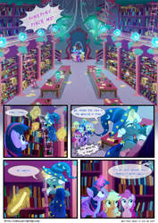 Size: 3500x4951 | Tagged: safe, artist:light262, artist:lummh, applejack, fluttershy, pinkie pie, rainbow dash, rarity, star swirl the bearded, twilight sparkle, twilight sparkle (alicorn), alicorn, earth pony, pegasus, pony, unicorn, comic:timey wimey, comic, female, gravity falls, journal #3, mane six, mare