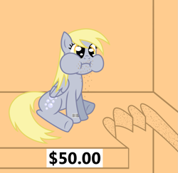 Size: 1177x1148 | Tagged: safe, artist:vincentthecrow, part of a set, derpy hooves, pegasus, pony, aweeg*, barcode, bite mark, bronybait, crumbs, cutie mark, female, gigawat, mare, ponies for sale, price tag, puffy cheeks, solo