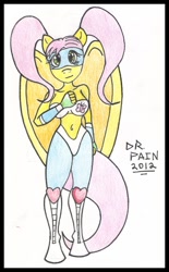 Size: 420x676 | Tagged: safe, artist:drpain, fluttershy, anthro, clothes, costume, crossover, rainbow mika, solo, street fighter, traditional art, wrestler