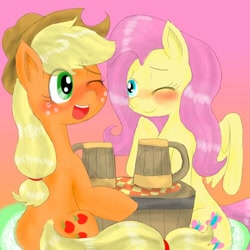 Size: 500x500 | Tagged: safe, artist:wonton soup, applejack, fluttershy, earth pony, pegasus, pony, cider, female, mare