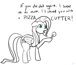 Size: 685x585 | Tagged: safe, artist:rainbow-dosh, fluttershy, pegasus, pony, partial color, pizza cutter, solo, threat, u wot m8