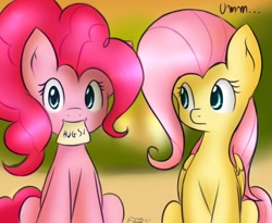 Size: 988x809 | Tagged: safe, artist:freefracornerofsillyness, artist:freefraq, fluttershy, pinkie pie, earth pony, pegasus, pony, female, flutterpie, hug, hug request, lesbian, looking at you, mouth hold, shipping, sitting, smiling