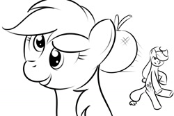 Size: 1500x1000 | Tagged: safe, artist:kloudmutt, derpibooru import, applejack, rainbow dash, earth pony, pegasus, pony, apple, bipedal, derp, monochrome