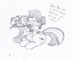 Size: 977x808 | Tagged: safe, artist:joey darkmeat, derpibooru import, twilight sparkle, book, gun, helmet, monochrome, parody, soldier, solo, team fortress 2, weapon