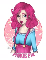 Size: 1484x1951 | Tagged: safe, artist:ayaka-itoe, artist:misshapen-black, pinkie pie, human, clothes, humanized, light skin, lipstick, makeup, solo, suspenders, underbust