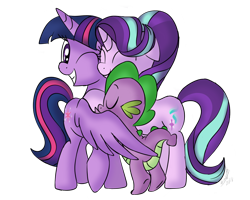 Size: 1000x800 | Tagged: safe, artist:emositecc, spike, starlight glimmer, twilight sparkle, twilight sparkle (alicorn), alicorn, dragon, pony, unicorn, female, happy, heartwarming, hug, male, mare, purple, simple background, smiling, spikelove, transparent background