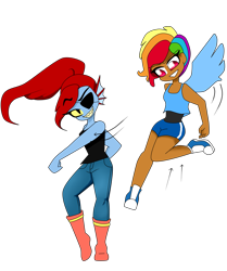 Size: 1739x2077 | Tagged: safe, artist:galaxiedream, derpibooru import, rainbow dash, human, alternate hairstyle, boots, clothes, converse, crossover, dark skin, duo, eyepatch, female, fight, humanized, jeans, pants, punch, shoes, simple background, sports shorts, tanktop, transparent background, undertale, undyne, winged humanization, wings