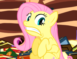 Size: 700x540 | Tagged: safe, screencap, fluttershy, pegasus, pony, magic duel, animated, animation error, dolly zoom, eye shimmer, fear, freakout, frown, golden oaks library, gritted teeth, interior, shivering, solo, sweat, trembling, vertigo, wide eyes