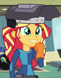 Size: 565x719 | Tagged: safe, screencap, sunset shimmer, equestria girls, friendship games, clothes, cropped, cute, drum kit, drums, gloves, logo, musical instrument, shimmerbetes, smiling, solo, sunset welder, welding mask