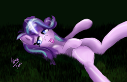 Size: 3429x2203 | Tagged: safe, artist:hippik, starlight glimmer, pony, unicorn, female, glowing horn, lidded eyes, lying down, mare, on back, sleepy, solo, tired, tongue out