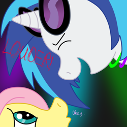 Size: 700x700 | Tagged: safe, artist:chey, dj pon-3, fluttershy, vinyl scratch, pegasus, pony, female, mare