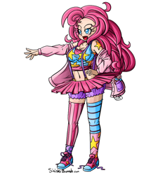 Size: 800x850 | Tagged: safe, artist:sinisterbunneh, pinkie pie, human, belly button, clothes, converse, humanized, light skin, midriff, mismatched socks, off shoulder, shoes, simple background, skirt, solo, suspenders, tutu