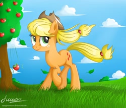 Size: 3000x2571 | Tagged: safe, artist:vird-gi, applejack, earth pony, pony, apple, grass, solo, tree, windswept mane