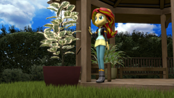 Size: 1920x1080 | Tagged: safe, artist:gbrushandpaint, sunset shimmer, equestria girls, 3d, boots, clothes, garden, high heel boots, jacket, leather jacket, looking at something, looking up, pants, solo