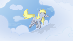 Size: 2500x1408 | Tagged: safe, artist:the-croolik, derpy hooves, pegasus, pony, cloud, cloudy, eyes closed, female, flying, happy, mare, shadow, sky, smiling