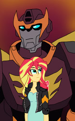 Size: 2000x3207 | Tagged: safe, artist:edcom02, sunset shimmer, robot, equestria girls, autobot, crossover, duo, hot rod, rodimus prime, transformers, transformers animated