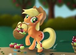 Size: 984x715 | Tagged: safe, artist:tavogdl, applejack, earth pony, pony, apple, basket, mouth hold, solo