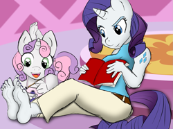 Size: 1449x1076 | Tagged: safe, artist:sweethd, rarity, sweetie belle, anthro, plantigrade anthro, barefoot, book, cute, feet, feet up, foot focus, nail polish, open mouth, prone, raised eyebrow, sitting, smiling, soles, toenails, toes