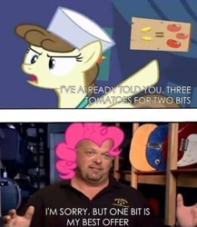 Size: 1200x1380 | Tagged: safe, edit, edited screencap, screencap, pinkie pie, roma, human, putting your hoof down, bits, caption, comic, irl, irl human, mane, pawn stars, photo, rick harrison, text, tomato, tomatoes