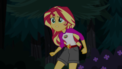 Size: 1280x720 | Tagged: safe, screencap, sunset shimmer, equestria girls, legend of everfree, camp everfree outfits, clothes, female, flower, shorts, solo, sun, tree