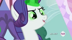 Size: 1453x814 | Tagged: safe, screencap, rarity, pony, unicorn, inspiration manifestation, corrupted, green magic, hub logo, inspirarity, magic, possessed, solo