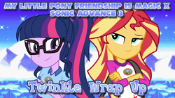 Size: 1920x1080 | Tagged: safe, artist:dashiemlpfim, artist:sketchmcreations, sci-twi, sunset shimmer, twilight sparkle, equestria girls, legend of everfree, crossed arms, duffle bag, glasses, sonic advance 3