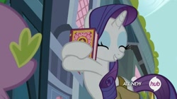 Size: 1448x810 | Tagged: safe, screencap, rarity, spike, dragon, pony, unicorn, inspiration manifestation, book, eyes closed, female, hub logo, inspiration manifestation book, mare, solo focus