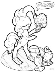 Size: 781x1000 | Tagged: safe, artist:abronyaccount, madame leflour, pinkie pie, pound cake, pumpkin cake, pony, alas poor yorick, bipedal, hamlet, lineart, monochrome, parody, shakespeare, skull