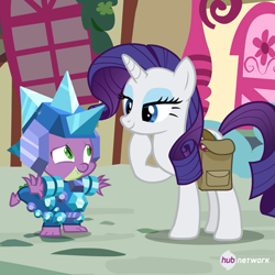 Size: 549x549 | Tagged: safe, screencap, rarity, spike, dragon, pony, unicorn, inspiration manifestation, armor, cropped, crystal, crystal armor, duo, female, hoof on chin, hub logo, male, mare, official, saddle bag, the hub