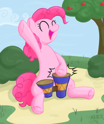 Size: 1308x1560 | Tagged: safe, artist:scritchy, pinkie pie, earth pony, pony, bongos, drums, solo