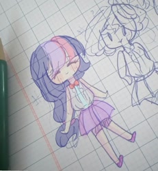 Size: 1559x1689 | Tagged: safe, artist:windymils, sunset shimmer, twilight sparkle, human, chibi, clothes, compression shorts, cute, graph paper, humanized, lined paper, school uniform, shoes, shorts, skirt, smiling, traditional art, twiabetes