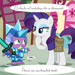 Size: 549x549 | Tagged: safe, edit, edited screencap, screencap, rarity, spike, dragon, pony, unicorn, inspiration manifestation, armor, cropped, crystal armor, diamond armor, diamond sword, duo, female, hoof on chin, male, mare, meta, minecraft, saddle bag, sword, weapon