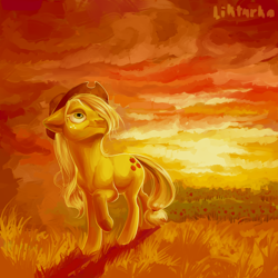 Size: 3000x3000 | Tagged: safe, artist:liktarka-animal, applejack, earth pony, pony, grass, hair over one eye, looking up, orchard, solo, sunset