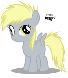 Size: 700x800 | Tagged: safe, derpy hooves, blonde, blonde mane, blonde tail, female, filly, gray coat, simple background, solo, white background, wings, younger