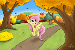 Size: 1650x1100 | Tagged: safe, artist:sameasusual, fluttershy, pegasus, pony, autumn, leaves, solo, tree