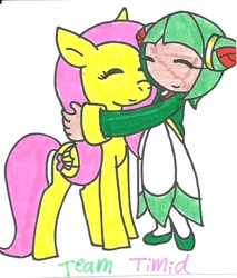 Size: 634x744 | Tagged: safe, artist:cmara, fluttershy, pegasus, pony, cosmo the seedrian, crossover, hug, sonic the hedgehog (series), sonic x, traditional art